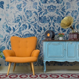 Vintage blue wallpaper, floral wall decor, wall art, custom wallpaper, peel and stick, self adhesive or regular wallpaper #882