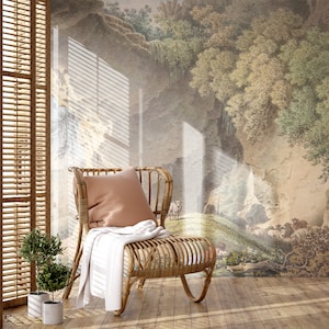 Landscape wallpaper, sleeping shepherd and sheep, majestic nature, self adhesive, peel and stick, removable or regular wallpaper #798