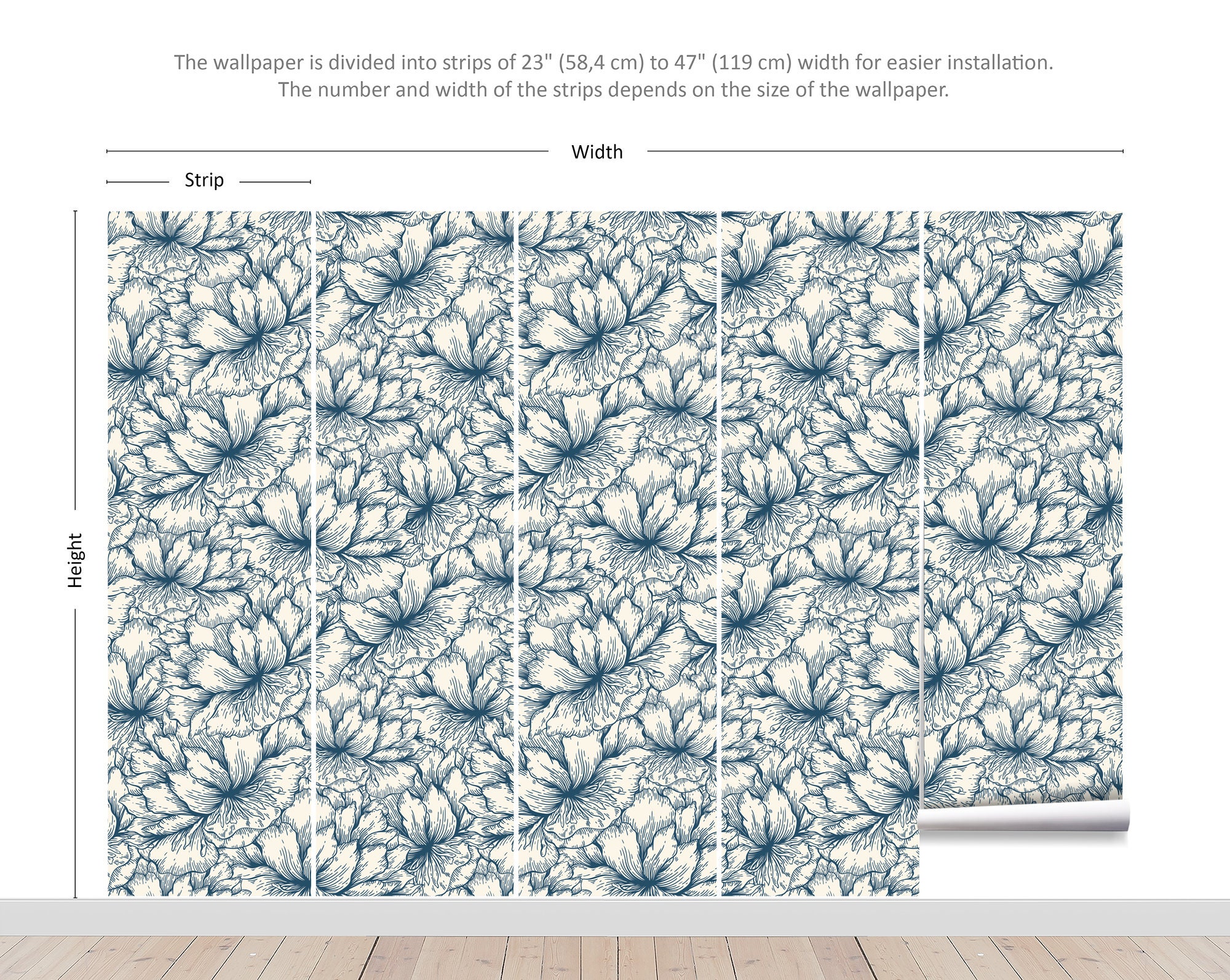 Garden Wallpaper With Blue Flowers, Peel and Stick Wall Mural ...