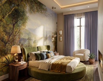 Könnte beinhalten: Ein Schlafzimmer mit einem runden, olivgrün gepolsterten Bett mit weißer und senfgelber Bettwäsche vor einer großen Landschaftstapete. Ein Nachttisch aus Holz trägt eine goldene Lampe, während ein cremefarbener Sessel bei violetten Vorhängen steht.