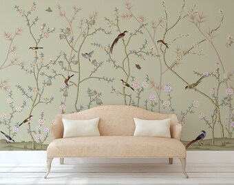 Vintage wallpaper with birds and floral, self adhesive, peel and stick wallpaper, wall decor, removable peel and stick wallpaper #466