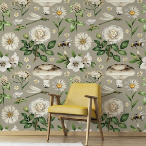 Retro botanical wallpaper, peel and stick wallpaper, watercolor floral wall mural, self adhesive removable wallpaper #233