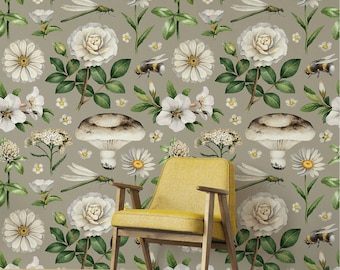 Retro botanical wallpaper, peel and stick wallpaper, watercolor floral wall mural, self adhesive removable wallpaper #233