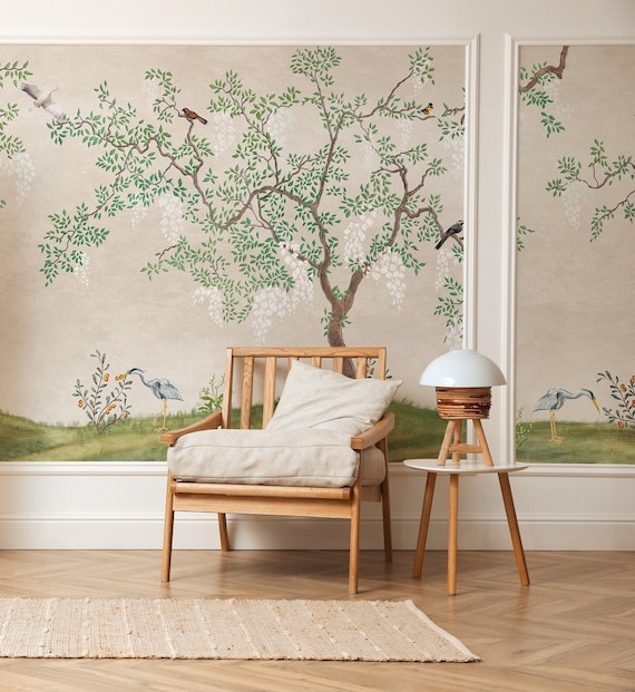 Bird Tree Retro Wall Mural Vintage Chinoiserie Wallpaper - Etsy