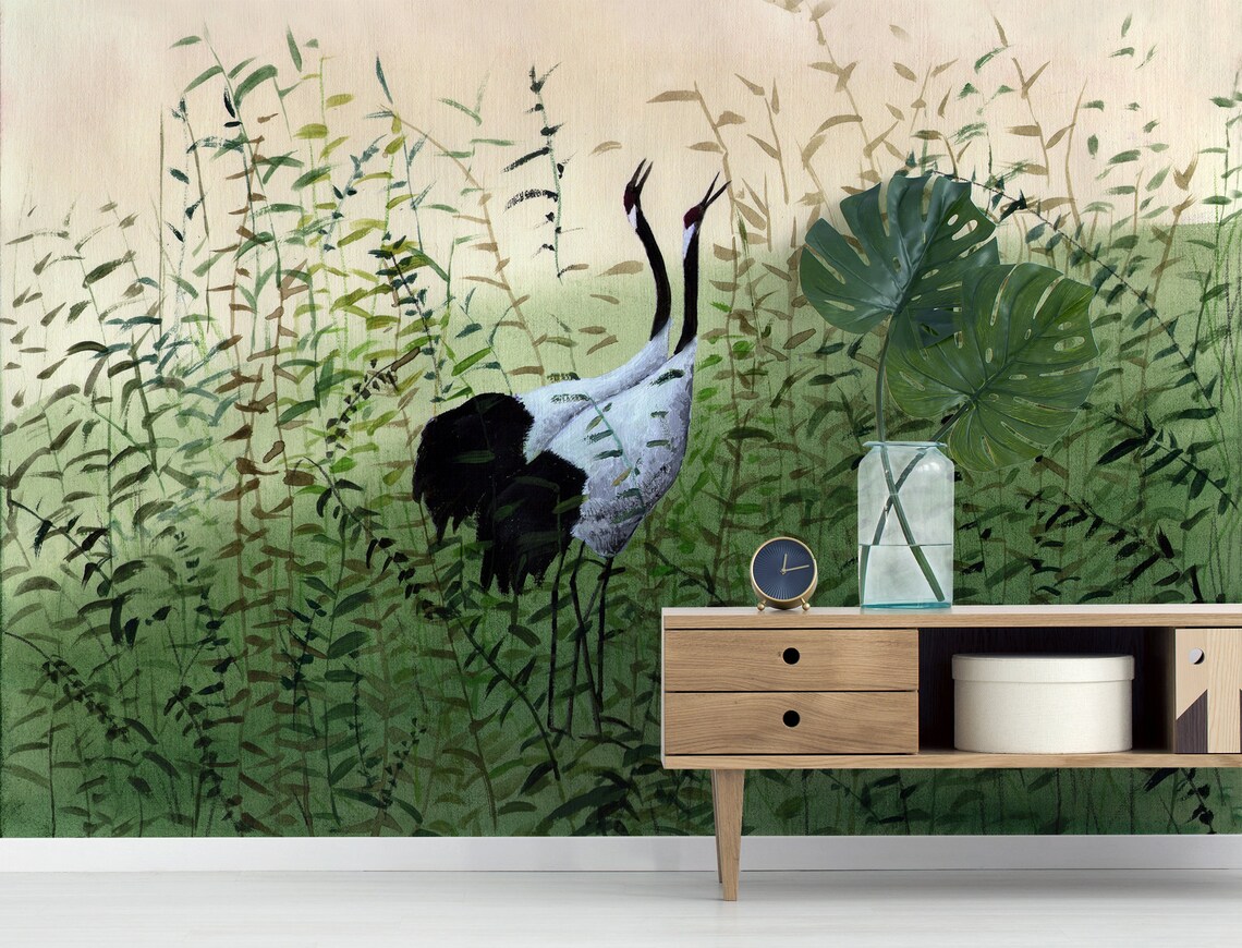 Crane Wall Mural Self Adhesive Wallpaper Japanese Wall Art Etsy
