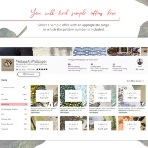 May include: Screenshot of an Etsy shop, VintageArtWallpaper, showcasing sample offers for custom wall murals. The shop's logo and star seller badge are visible, along with various sample listings categorized by pattern numbers and themes like landscapes and florals. Text reads "You will find sample offers here."