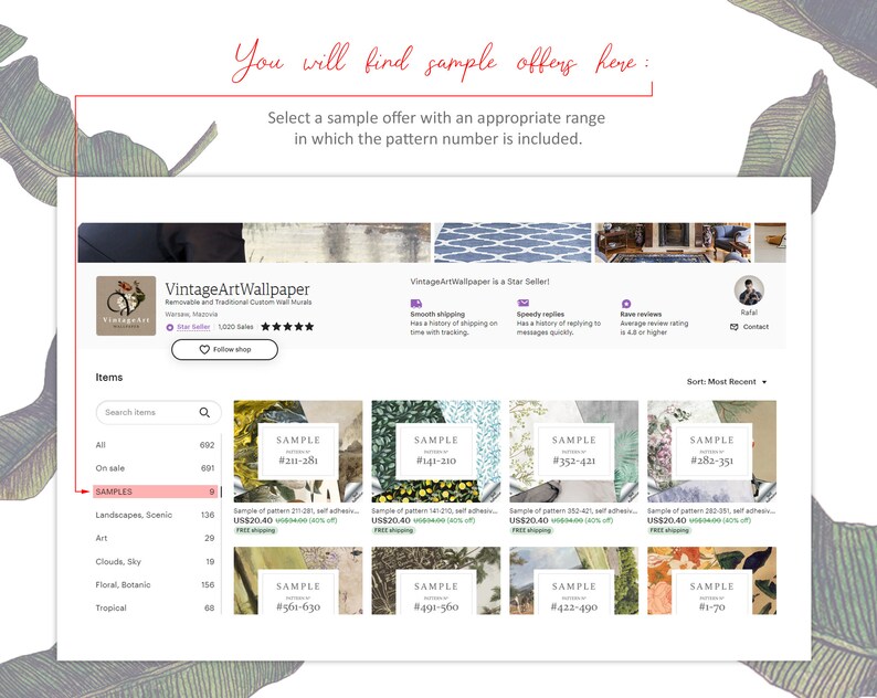 May include: Screenshot of an Etsy shop, VintageArtWallpaper, showcasing sample offers for custom wall murals. The shop's logo and star seller badge are visible, along with various sample listings categorized by pattern numbers and themes like landscapes and florals. Text reads "You will find sample offers here."