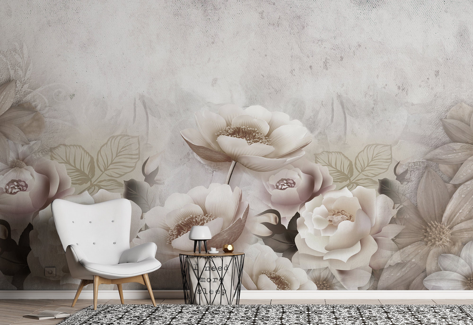 Beige floral wall mural peel and stick wallpaper vintage | Etsy