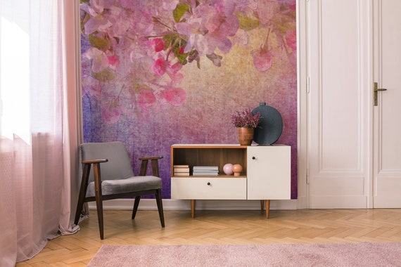 Vintage Wall Mural Purple Flowers, Peel and Stick Removable
