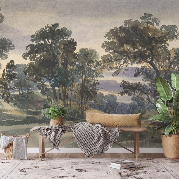 Parkland view at Dusk wallpaper, watercolor landscape, vintage art, self adhesive, peel and stick, removable or regular wallpaper #796
