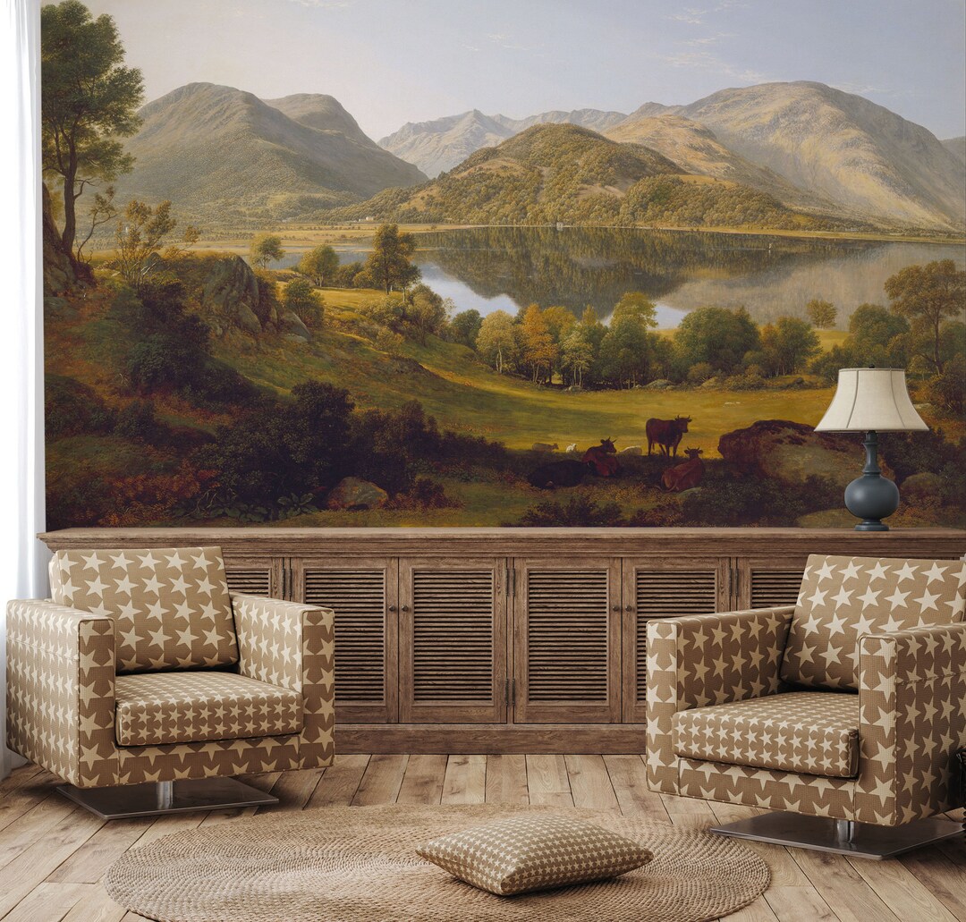 Rural Landscape Wallpaper, Vintage Painting, Scenic Wall Mural, Self