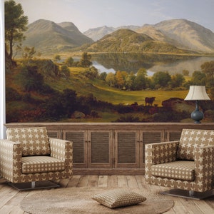 Rural landscape wallpaper, vintage painting, scenic wall mural, self adhesive, peel and stick mural, removable or regular wallpaper #586