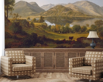 Rural landscape wallpaper, vintage painting, scenic wall mural, self adhesive, peel and stick mural, removable or regular wallpaper #586
