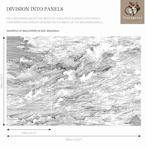 May include: A black and white line art wallpaper mural featuring a cloud pattern, divided into three vertical panels. The diagram shows dimensions of 300cm by 200cm, or 118.1 inches by 78.7 inches, with individual panel widths of 100cm or 39.3 inches.