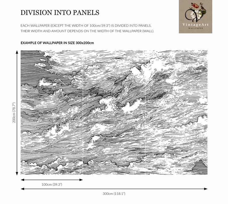 May include: A black and white line art wallpaper mural featuring a cloud pattern, divided into three vertical panels. The diagram shows dimensions of 300cm by 200cm, or 118.1 inches by 78.7 inches, with individual panel widths of 100cm or 39.3 inches.