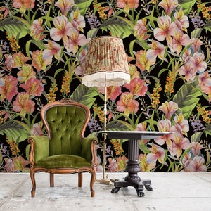 Retro wallpaper with watercolor plants, peel and stick wallpaper, self adhesive wall mural, temporary removable wall decor #125