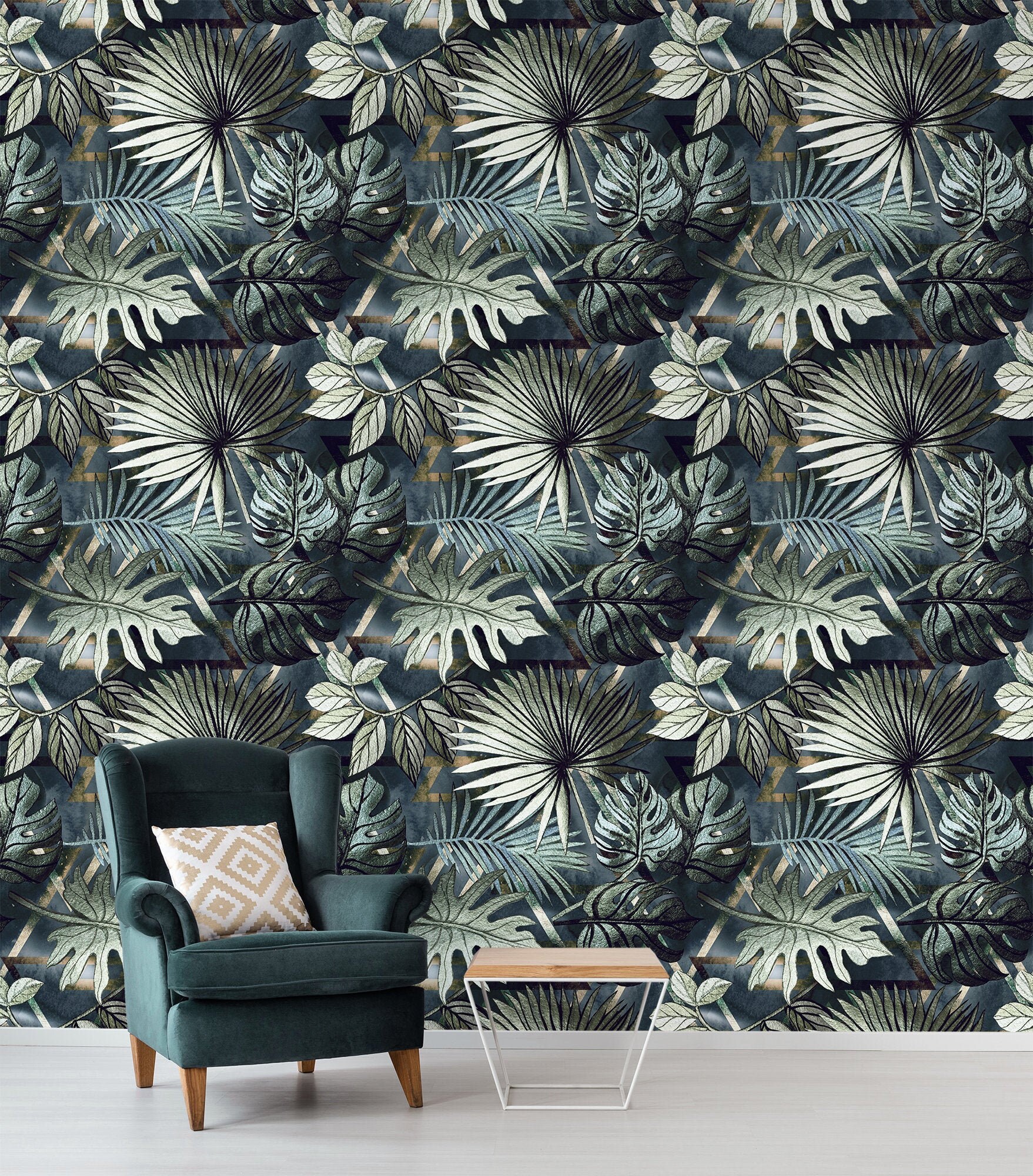 Vintage tropical leaves wallpaper, self adhesive jungle wall mural, dark leaves removable wallpaper, peel and stick wallpaper #90