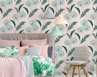 Botanical wallpaper with dandelions, self adhesive vintage wall mural, removable peel and stick wallpaper, floral wallpaper mural #246