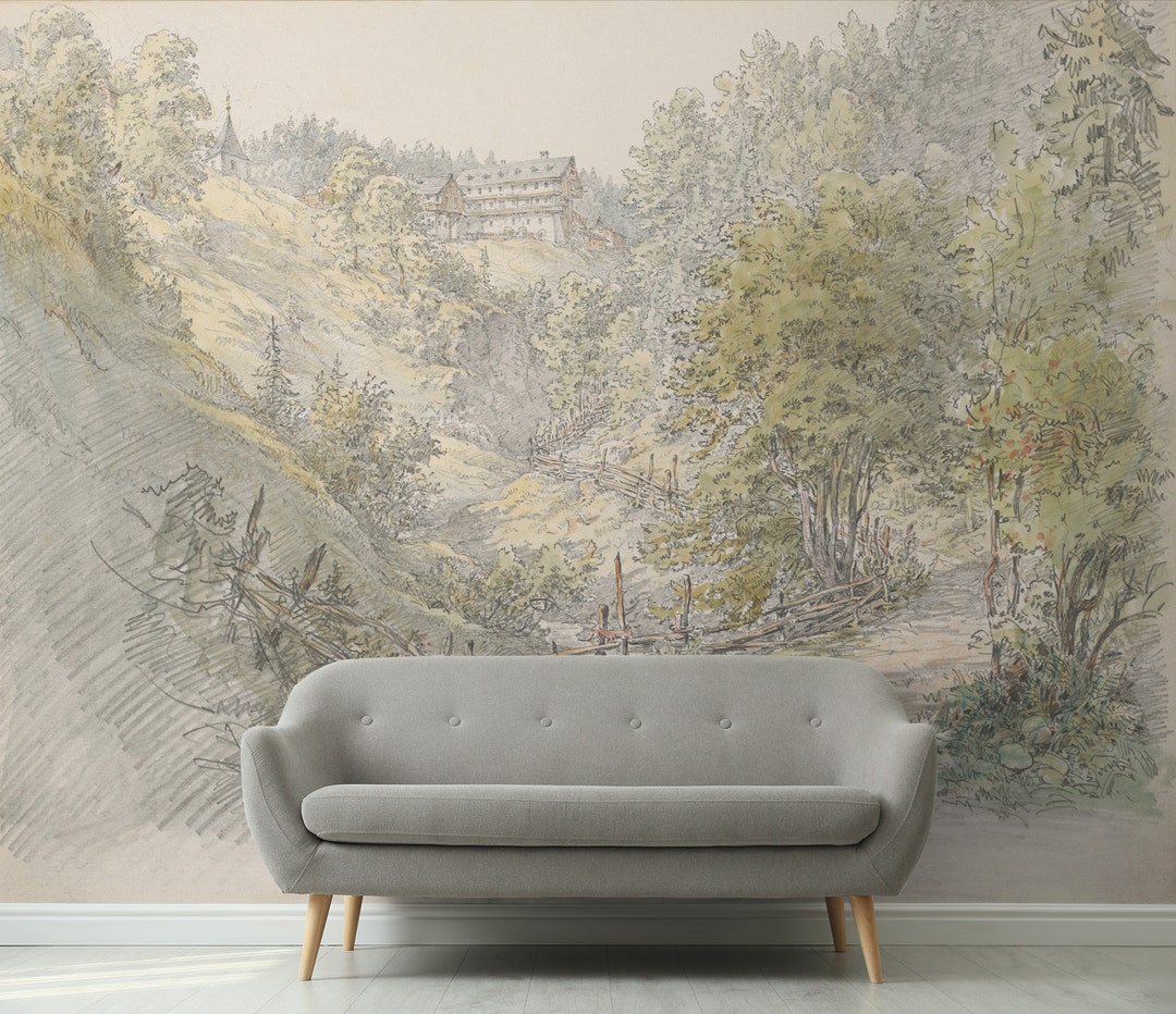 Green Forest Wallpaper, Vintage Scenic Wall Mural, Nature Wallpaper ...
