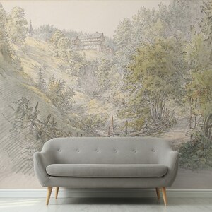 Green forest wallpaper, vintage scenic wall mural, nature wallpaper, peel and stick, self adhesive or regular wallpaper #716