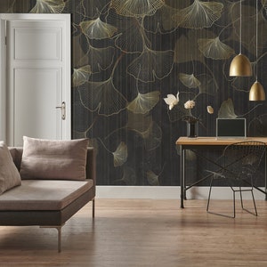Abstract wallpaper, Ginkgo biloba leaves, vintage art wallpaper, self adhesive, peel and stick, removable or regular wallpaper #812