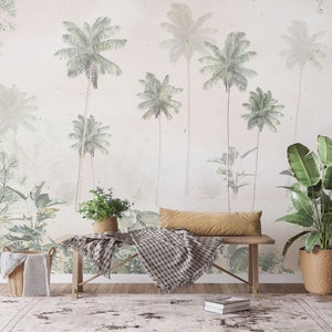 Tropical trees and leaves wallpaper mural, self adhesive wallpaper, vintage wallpaper, peel and stick, accent wall, wall decor #502