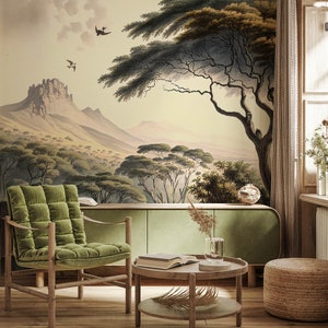 Tropical landscape wallpaper, vintage wall mural, scenic wallpaper, custom, peel and stick, self adhesive or regular wallpaper #683