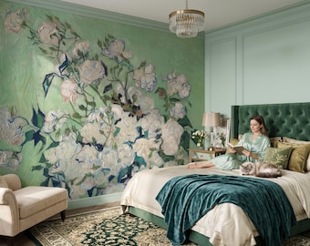 Green bouquet wall mural, Van Gogh painting wallpaper, retro wall art, home decor, self adhesive peel and stick or traditional vinyl #206