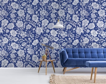 Floral vintage wallpaper, flowers on blue background, floral wall mural, peel and stick, self adhesive or regular wallpaper #653