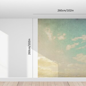 May include: A wall mural featuring a sky and cloud design, measuring 260cm (102in) high and 260cm (102in) wide. The mural has a vintage aesthetic with a blue and yellow color palette, creating a serene atmosphere.