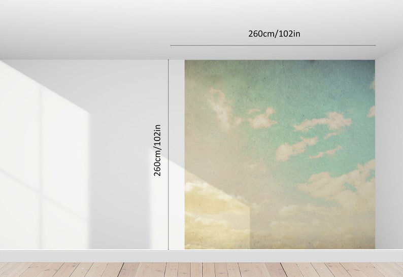 May include: A wall mural featuring a sky and cloud design, measuring 260cm (102in) high and 260cm (102in) wide. The mural has a vintage aesthetic with a blue and yellow color palette, creating a serene atmosphere.