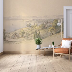 Vintage rural landscape, green nature and lake scenic wall mural, peel and stick, self adhesive or regular wallpaper #695