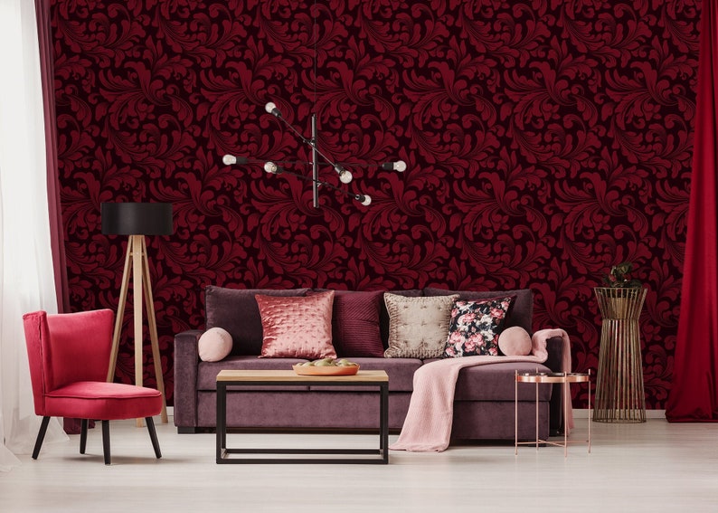 Vintage Red Wallpaper With Damask Pattern Peel and Stick Wall Etsy