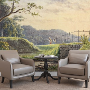 Green painting landscape wallpaper, self adhesive, peel and stick wallpaper, removable peel and stick wallpaper #423