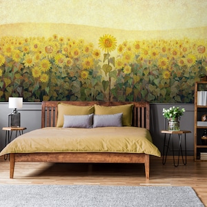 Sunflowers wallpaper, floral painting wallpaper, wall art, self adhesive, peel and stick, removable or regular wallpaper #739