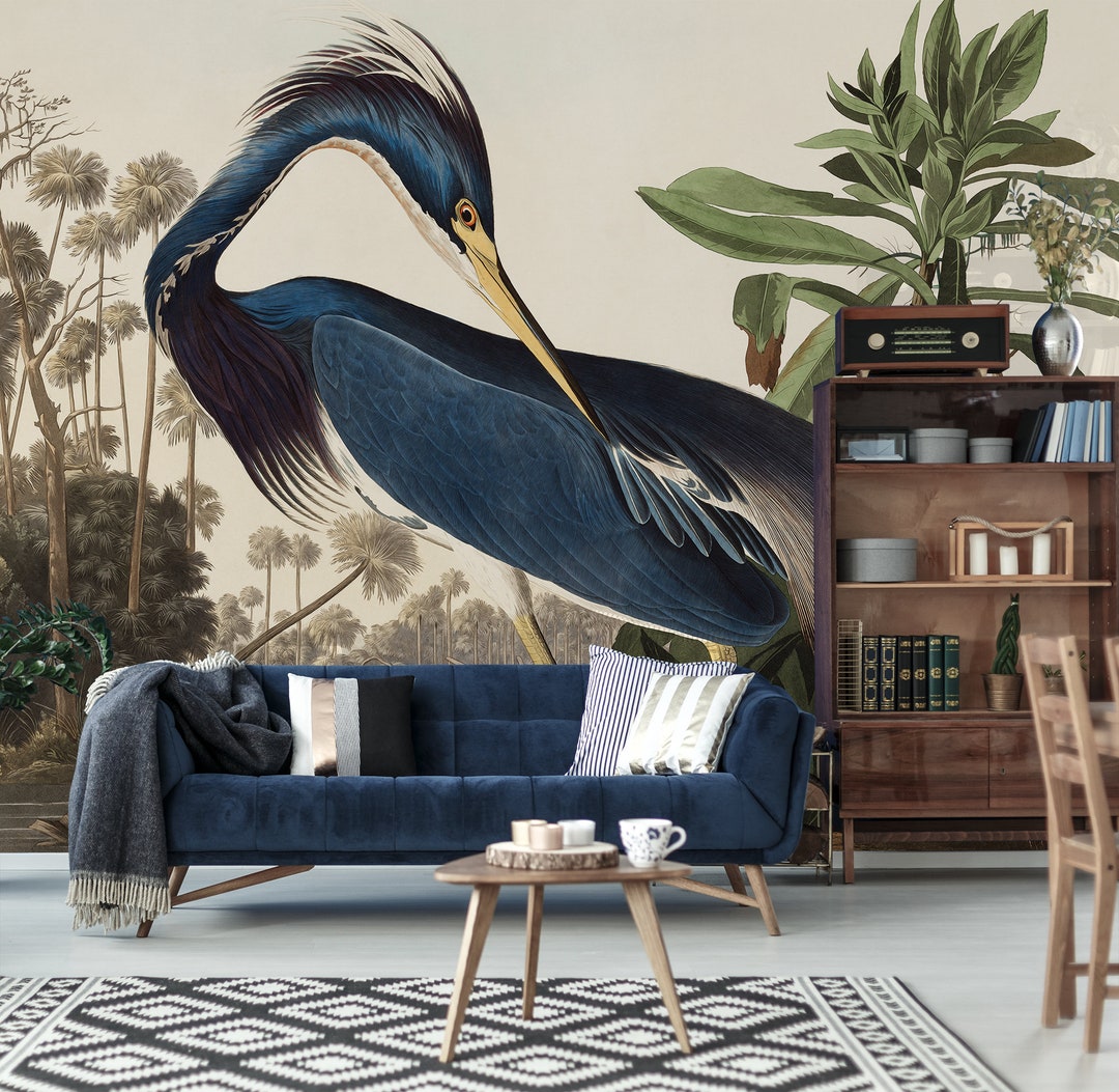 Blue Heron Wallpaper Mural, Peel and Stick, Vintage Removable Wallpaper