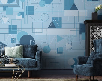 Blue geometric abstract wall mural, vintage wallpaper, peel and stick, self adhesive or regular wallpaper #733o