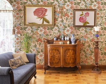 Vintage floral wallpaper, retro flowers wall mural, peel and stick, self adhesive or regular wallpaper #706