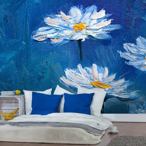 Papier peint floral bleu, murale de fleurs rétro, papier peint nénuphar, peler et coller, papier peint auto-adhésif ou régulier #707