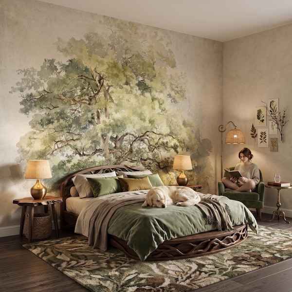 Aquarell Baum Wandbild, Vintage Tapete, Landschaftskunst, Wohnkultur, selbstklebendes Schälen und Aufkleben oder traditionelles Vinyl #279