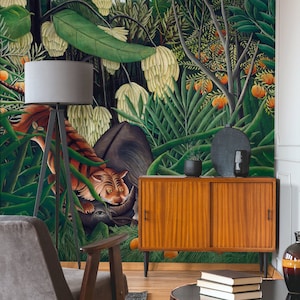 Tiger and buffalo wall mural by Henri Rousseau, peel and stick, self adhesive, jungle wallpaper, vintage wall decor, Rousseau wallpaper #335