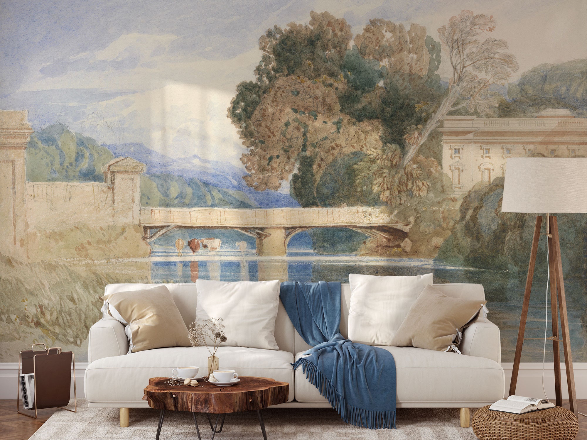 Old bridge and palace wallpaper, vintage retro wall mural, self adhesive, peel and stick mural, removable or traditional wallpaper #583