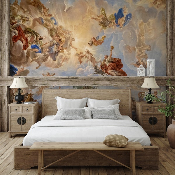 Religieuse fresque murale scénique, papier peint d'art baroque, papier peint nuage, peler et coller, autocollant ou papier peint régulier #696