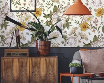 Vintage botanical wallpaper, wall mural, vintage wallpaper, floral pattern, peel and stick, self adhesive or regular wallpaper #646