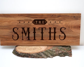 Rustic personalized family name, engraved wood sign in vintage style, wall decor, housewarming gift, custom engraved