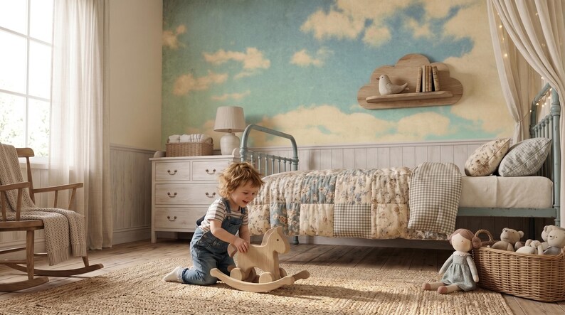 May include: A child's bedroom featuring a light blue metal bed frame, a patchwork quilt with floral and checkered patterns, a wooden rocking horse, a cloud-shaped wall shelf, a wicker basket with plush toys, and a wooden rocking chair on a rug.