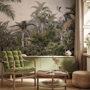 Jungle wall mural, palm trees wallpaper, landscape scenic vintage wall mural, peel and stick, self adhesive or regular wallpaper #624