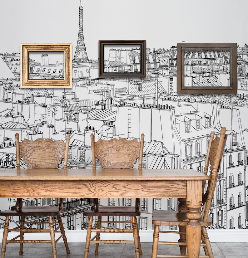 Paris landskapstapet, vintage väggmålning, linjekonst väggmålning, självhäftande, självhäftande väggmålning, avtagbar eller traditionell tapet #594 bild 3