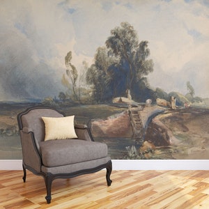 Rural landscape wallpaper, trees and pond vintage wall mural, self adhesive, peel and stick mural, removable or traditional wallpaper #581