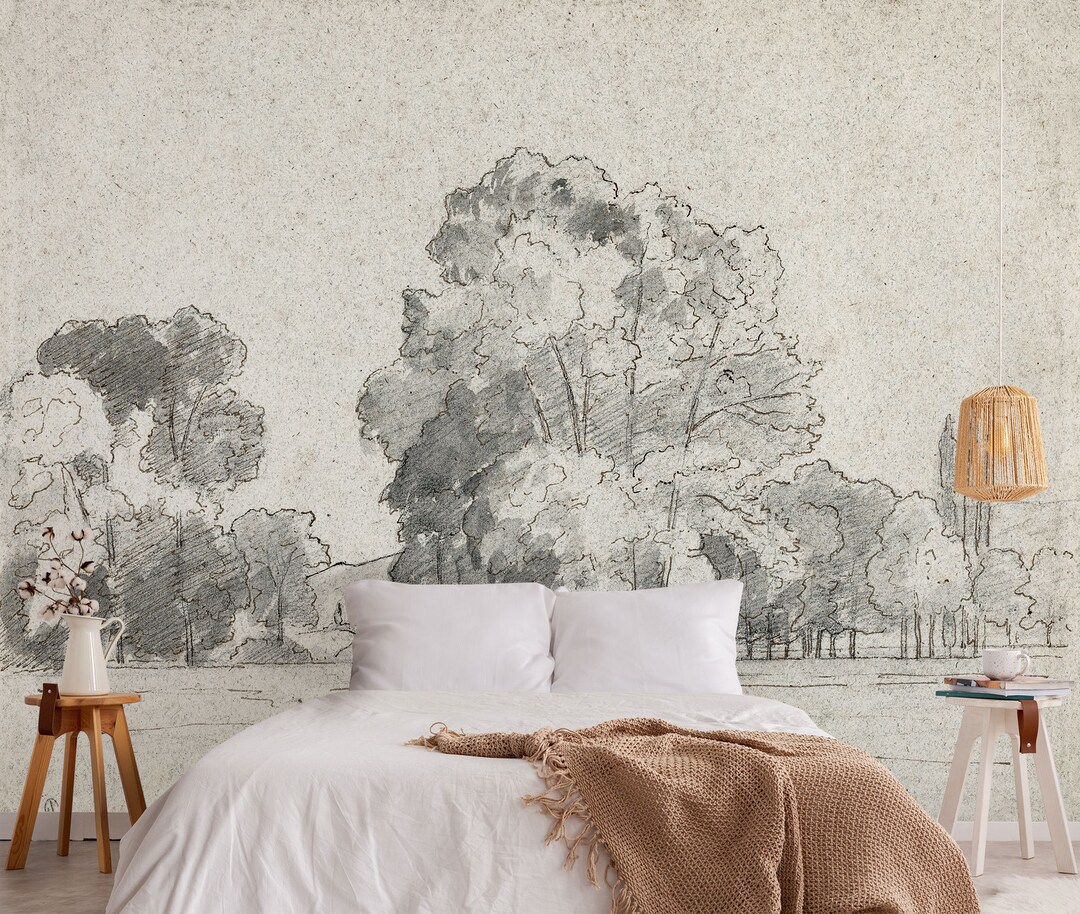 Vintage Landscape Wallpaper With Sketch Trees, Self Adhesive Wallpaper